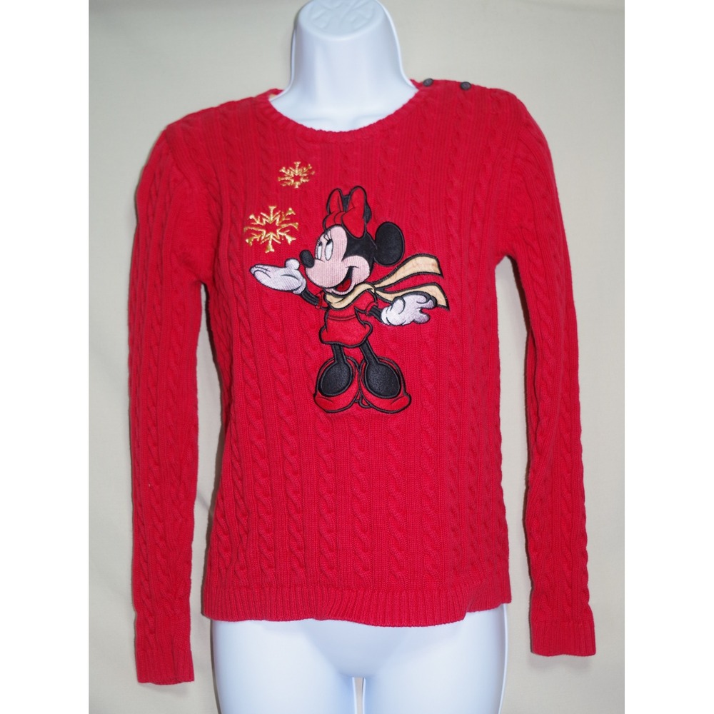 Disney Store Minnie Mouse Woman Small Red Cable Knit Sweater Snowflake Holiday